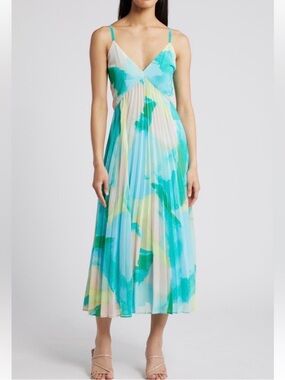 Chelsea28 Aqua & Seafoam Pleated V-Neck Midi Dress